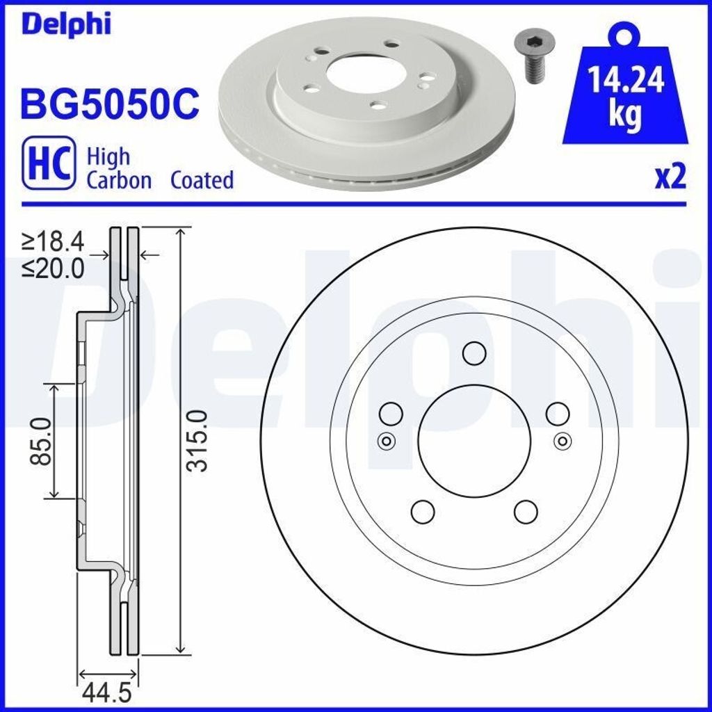 2x DELPHI Bremsscheibe BG5050C für SSANGYONG REXTON (Y400) 44 5mm 315mm