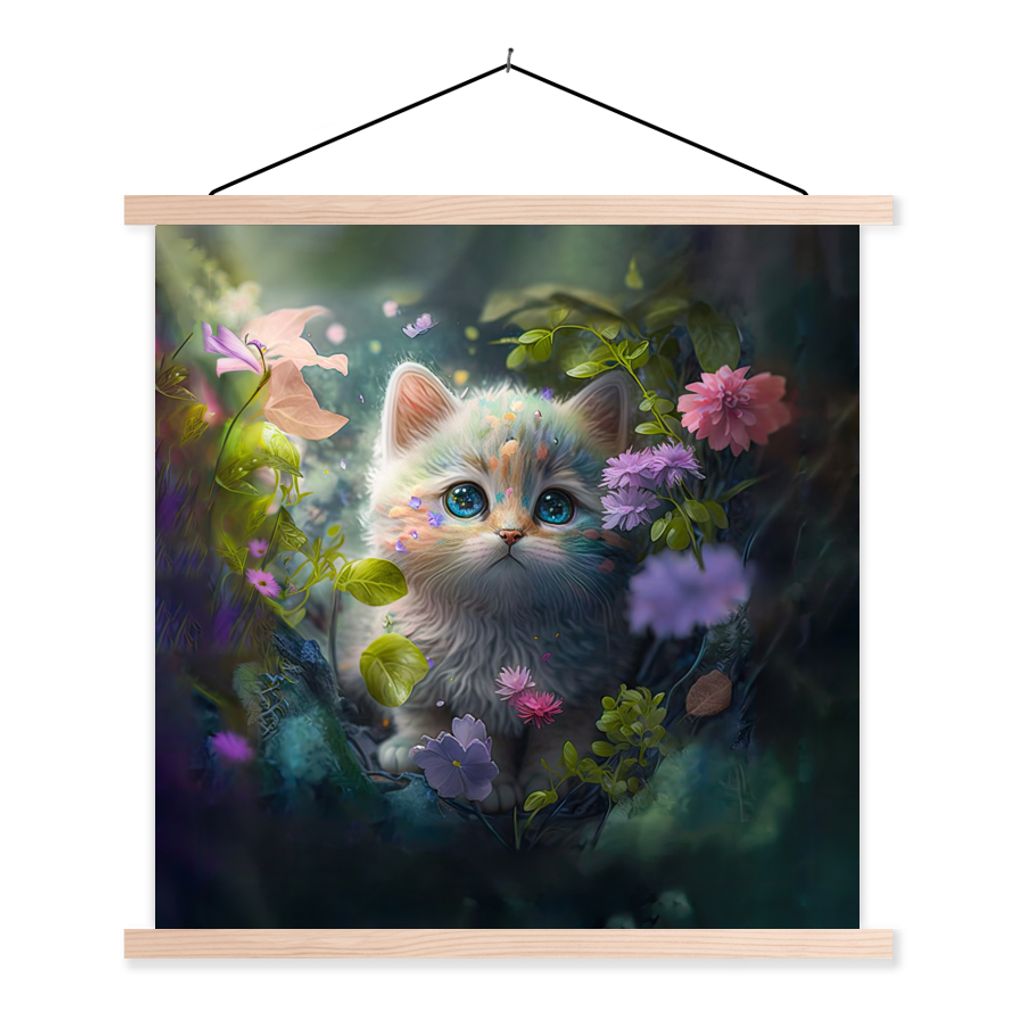 MuchoWow Textilposter Kätzchen - Blumen - Wald - Illustration - Katze 60x60 cm mit holzfarbenen Rahmen - Wanddekoration