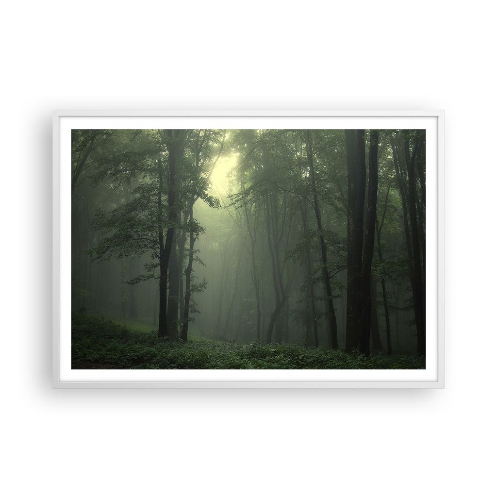 Gerahmtes Poster - Weißer Rahmen - Wald Nebel Baum - 100x70 cm - Wand Bild - Wanddeko - Wandbilder - Kunstposter - Wandposter - Bilderrahmen - Bil...