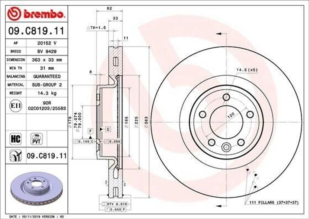 2x BREMBO Bremsscheibe 09.C819.11 für LAND ROVER Range Produktbild 