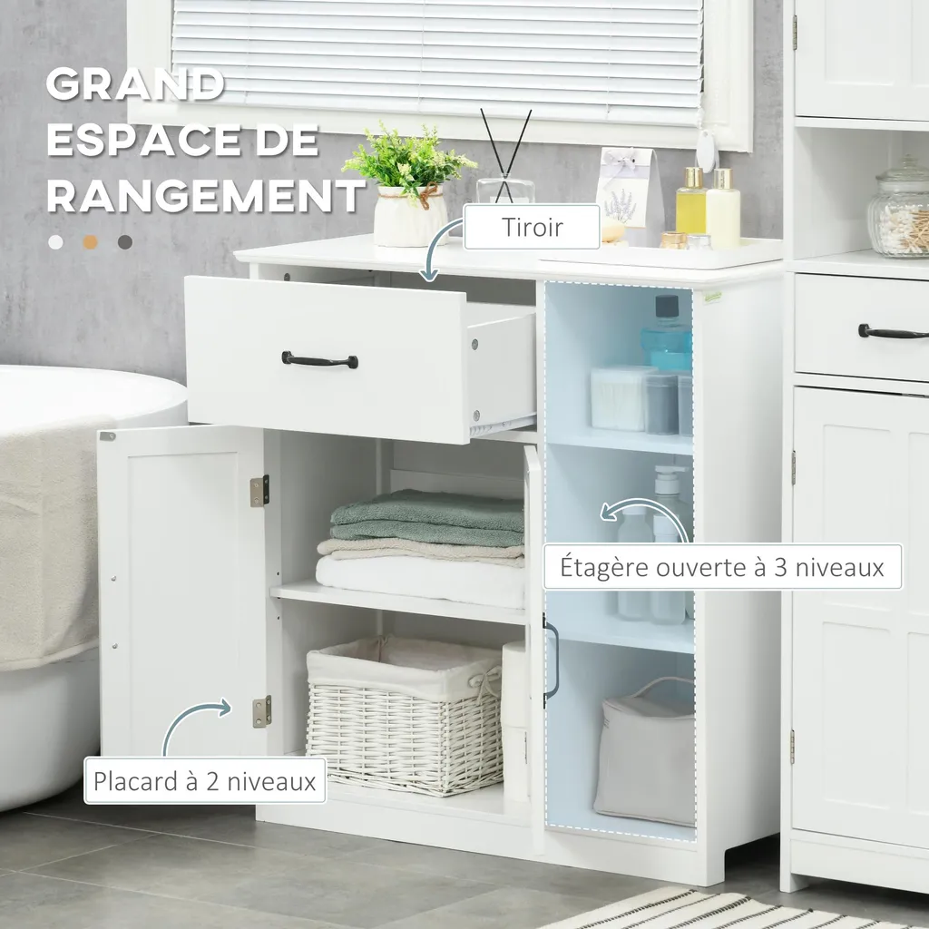 Commode de Salle de Bain Blanche 80x34x81cm avec Rangement Modulable - 3