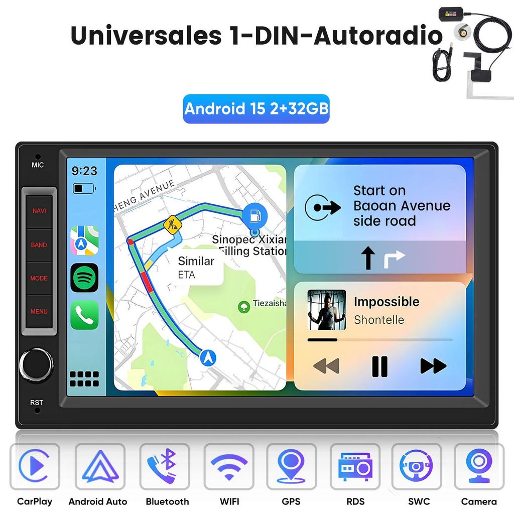 Hexinex 1-DIN Universal Autoradio Android 15, 1GB+32GB, 7 Zoll,CarPlay Android Auto,GPS Navi WIFI BT DAB+ SWC USB
