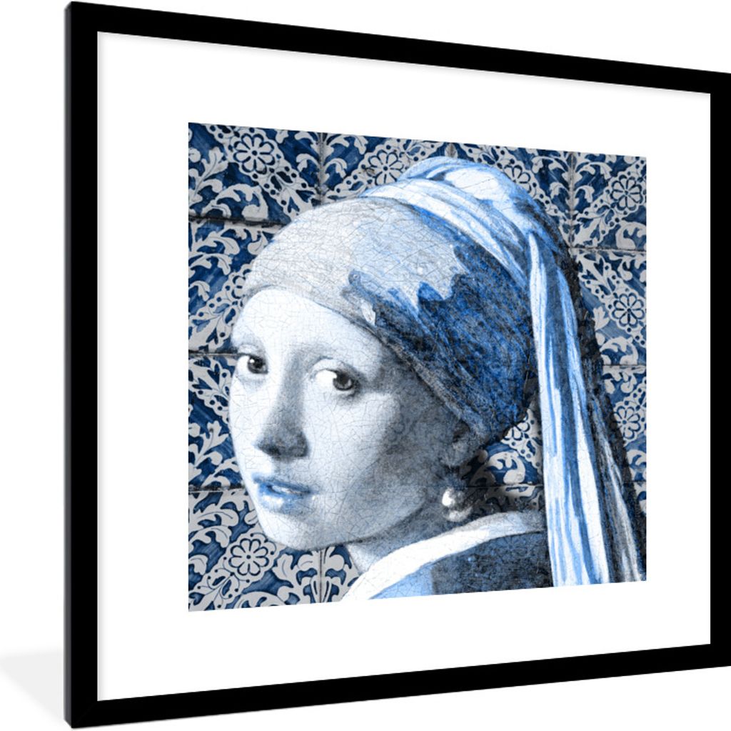 MuchoWow Gerahmtes Poster Mädchen mit Perlenohrring - Johannes Vermeer - Delfter Blau 40x40 cm - Poster mit Schwarzem Bilderrahmen Wandposter Ra...