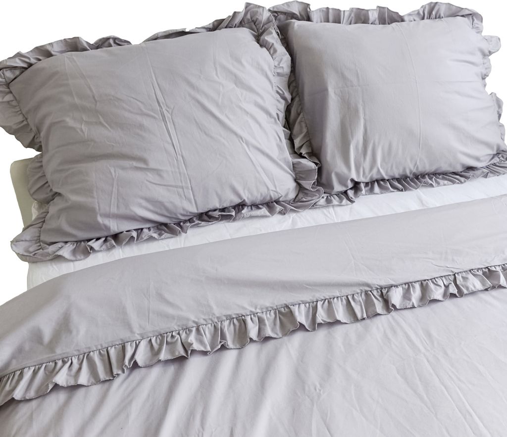 Baumwolle Bettwäsche Mit Rüschen Set Schlafzimmer Bettdeckenbezug 160X200 Cm + 2 Kissenbezüge 70X80 Cm Hellgrau