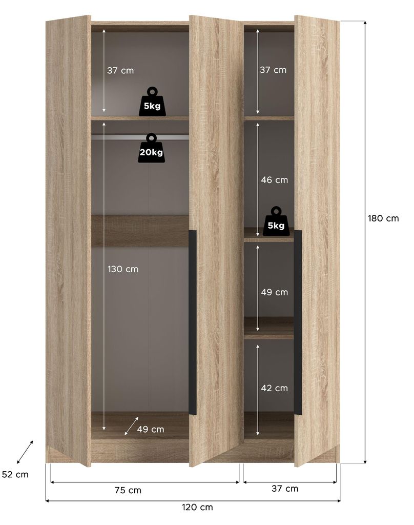 xonox.home Copenhagen Armadio a 3 ante (L/A/P: 120x180x52 Immagine del prodotto 