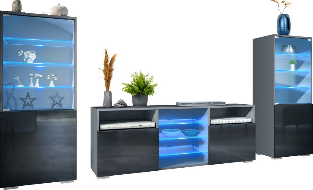 Vladon Wohnwand Granada, Anbauwand bestehend aus 2 Vitrinen und 1 TV-Board, Anthrazit matt/Schwarz Hochglanz inkl. LED-Beleuchtung (286 x 122,5 x 3...