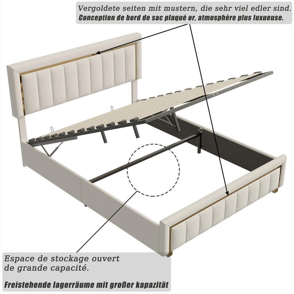 Polsterbett mit Stauraum - Bettgestell 160×200 cm - Hydraulischer Lift - Samtbezug - Metallrahmen - Modernes Design - Ohne Matratze - Beige