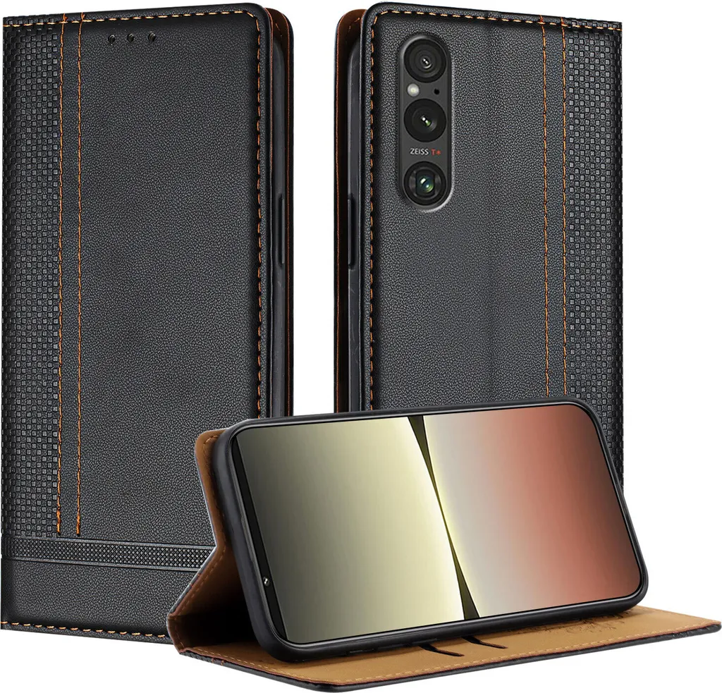 Custodia Professionale Sony Xperia 1 V - Pelle Nera Flip Stand
