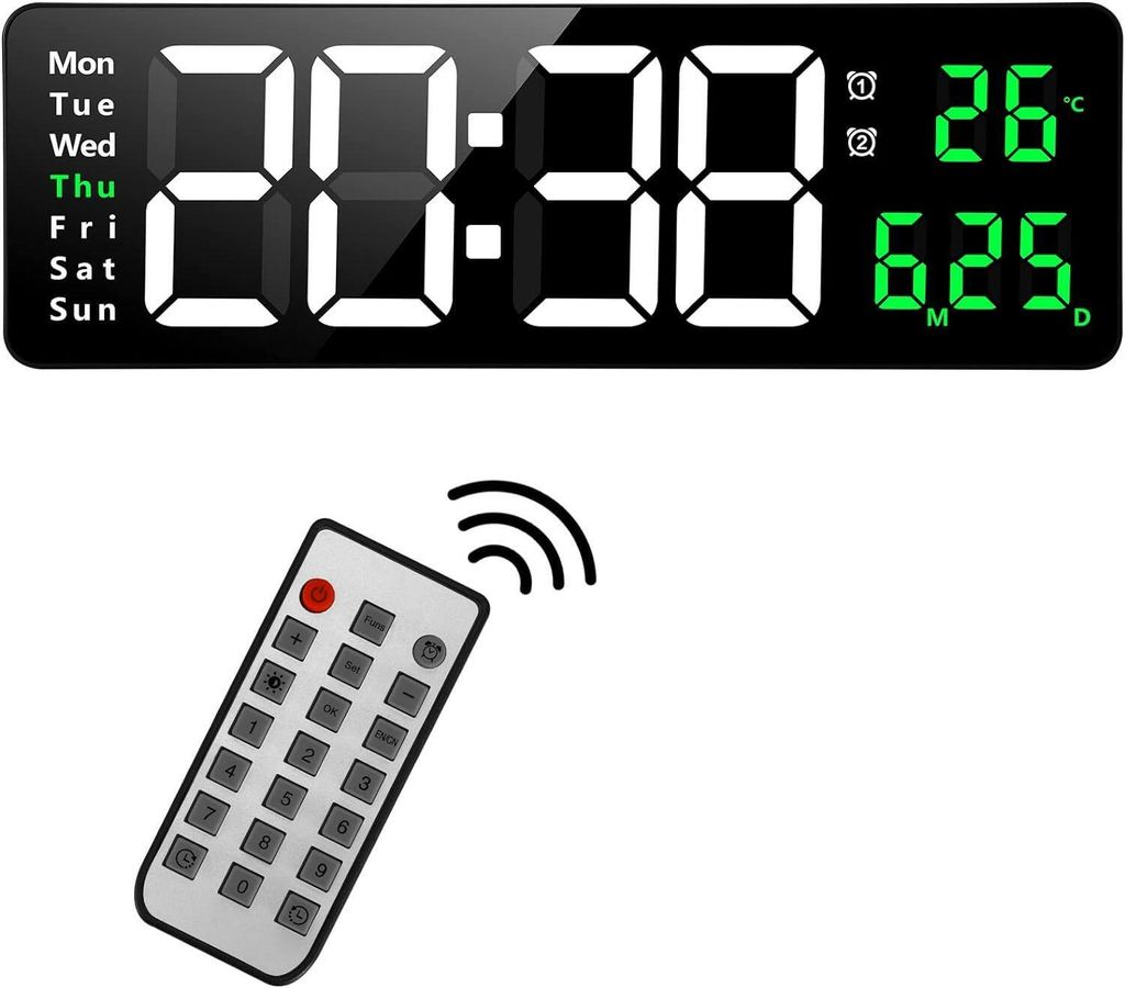 MODFU Digitale Wanduhr, USB-Wanduhr mit großem Display, LED-Digitaluhr mit Fernbedienung, Timer und Countdown, große Uhr mit Datum, Wochentag, Te...
