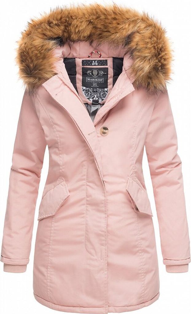 Marikoo Karmaa Damen Winter Jacke Stepp Parka Mantel Winterjacke warm gefüttert Rose mit Dunklem Fell Gr. 34 - XS