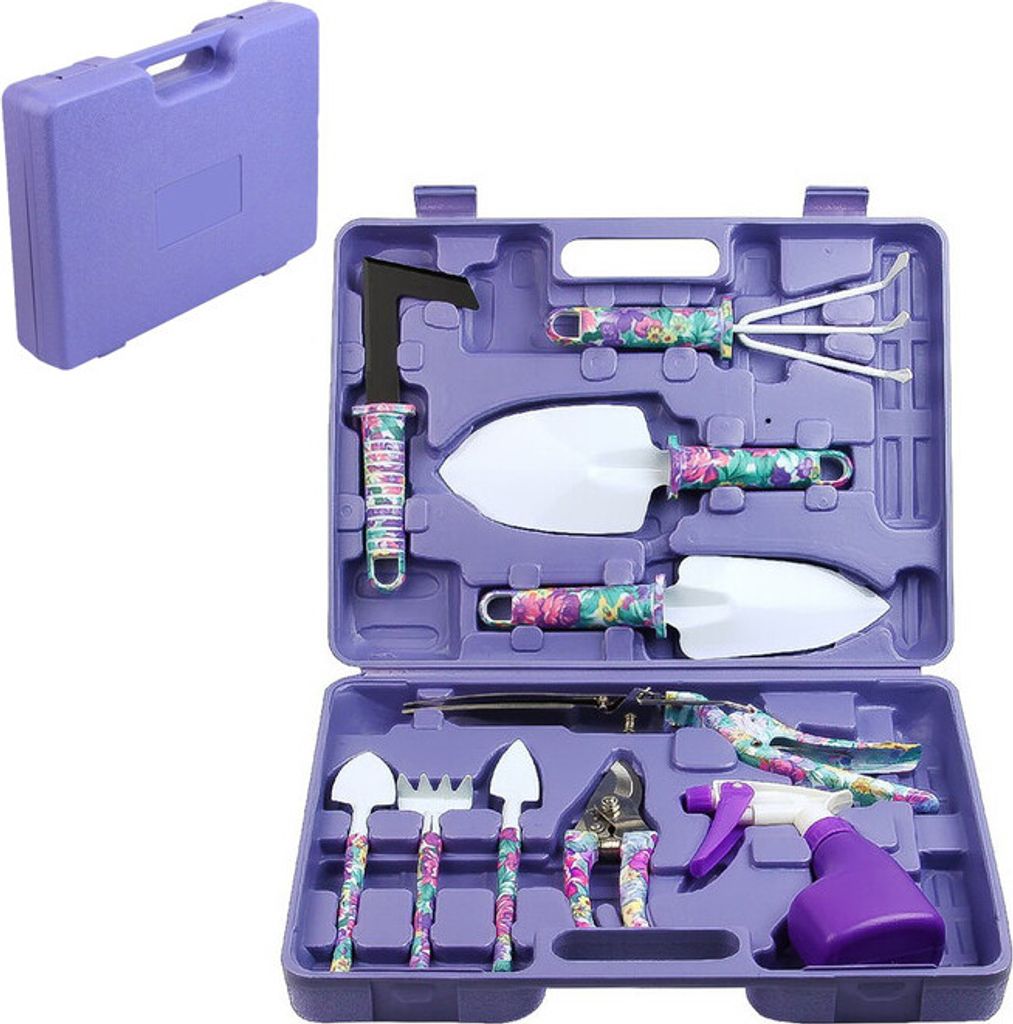 10-tlg. Gartengeräte mit lila Blumendruck, Ergonomischer Griff Kelle Rechen Weeder Pruner Schersprüher, Garten Handwerkzeuge mit Tragetasche, Lila