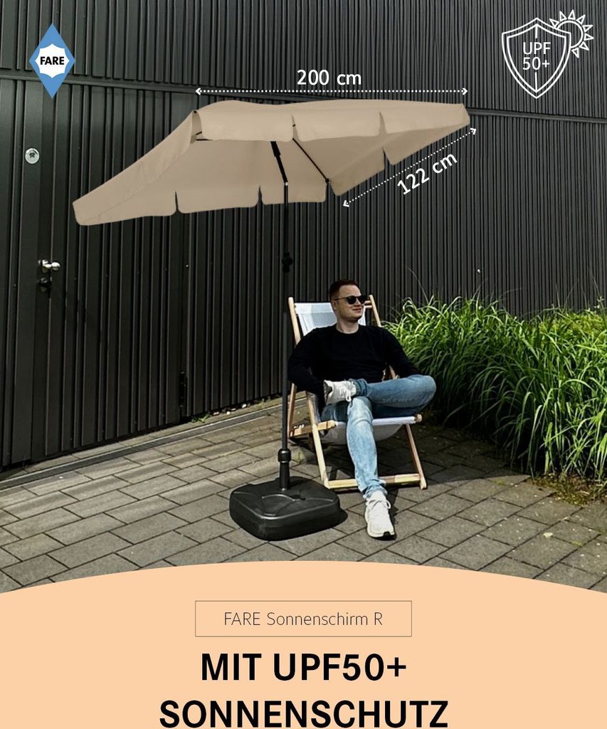 FARE Sonnenschirm R Höhenverstellbar Knickvorrichtung Lichtschutzfaktor UPF 50+ 200x122cm, Farbe:Natur