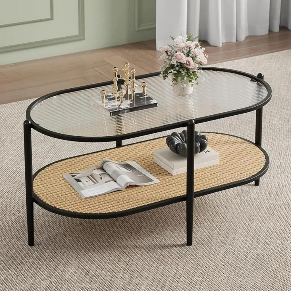 Table de salon ovale style bohème en rotin gris et métal avec double plateau