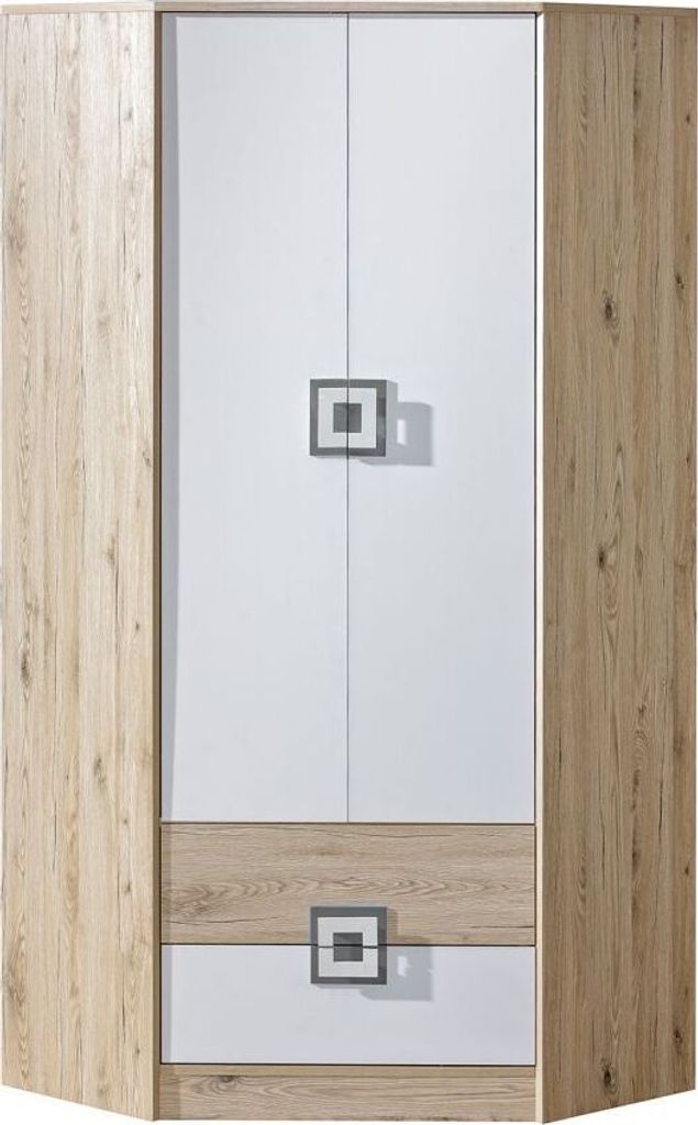 Kinderzimmer - Eckschrank, Farbe: Eiche Hellbraun / Weiß / Grau - 190 x 87 x 87 cm (H x B x T)