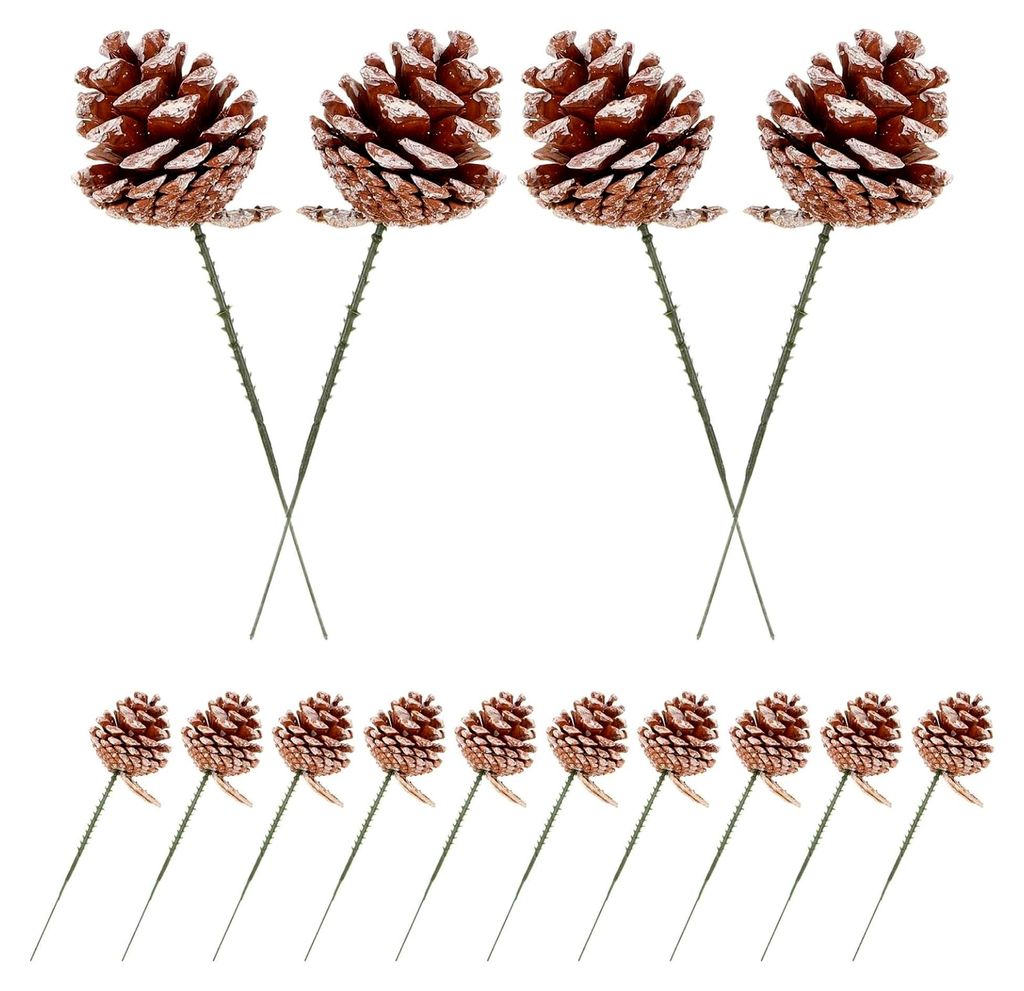 20 Stück Weihnachts-Kiefernzapfen Dekoration Handgefertigte Holz-Kiefernzapfen mit Stiel Realistische Weihnachtsdeko für Girlanden, Kränze und P...
