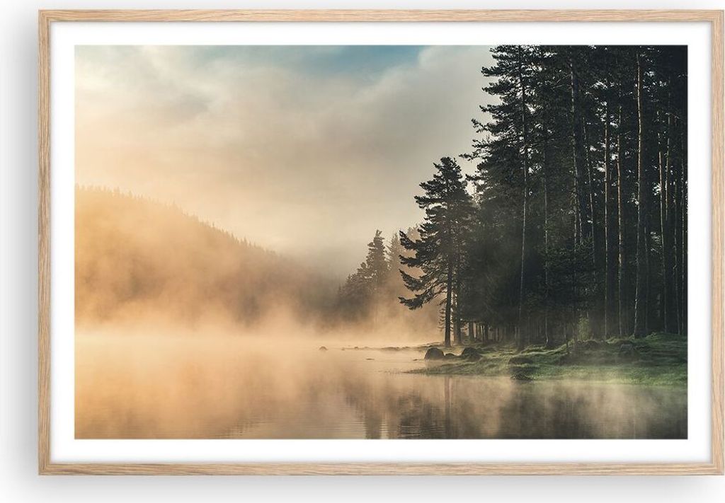 Gerahmtes Poster - Rahmen in heller Eiche - Nebel See Wald - 91,5x61 cm - Wand Bild - Wanddeko - Wandbilder - Kunstposter - Wandposter - Bilderrahm...