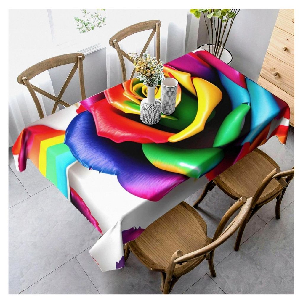 Rechteckige Tischdecke mit Regenbogen-Rosen-Motiv für Picknick, Terrasse und Partys