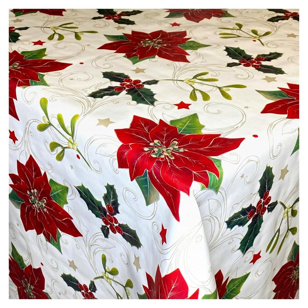 Wachstuch Tischdecke Weihnachtsstern Mistelzweig wählbar in eckig, rund oder oval (Rand: Schnittkante, 100 x 140 cm eckig)