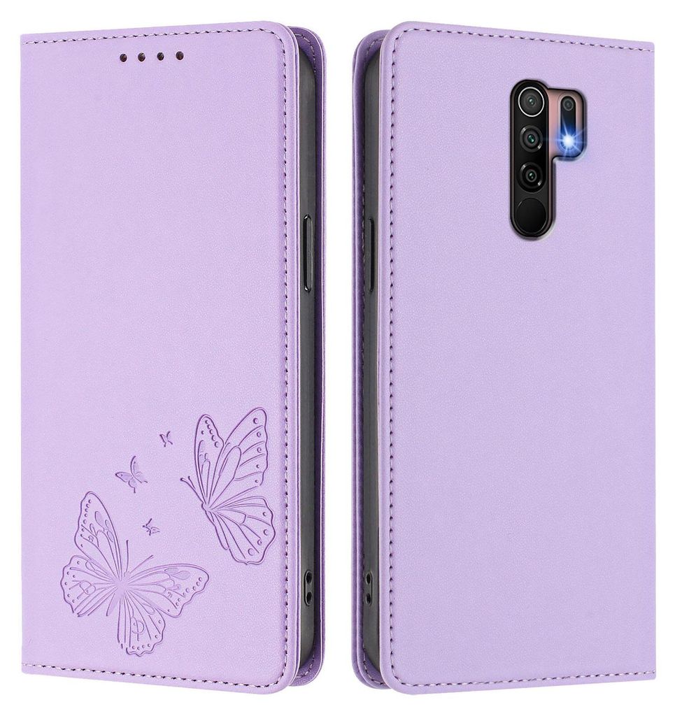 Lederhülle für Xiaomi Redmi 9, Schmetterling Prägung Leder Brieftasche Schutzhülle mit Ständer Violett