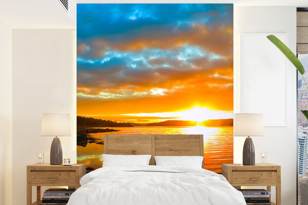 MuchoWow Fototapete für Wohnzimmer oder Schlafzimmer Wandtapete Vinyl Motivtapete Sonne - Landschaft - Wasser - Bäume - 165x220 cm - Wanddekora...