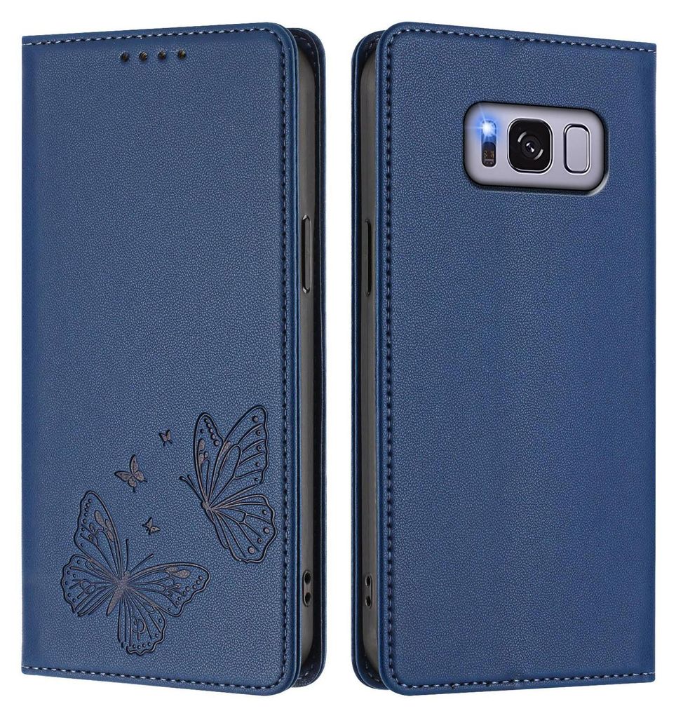 Lederhülle für Samsung Galaxy S8 Plus, Schmetterling Prägung Leder Brieftasche Schutzhülle mit Ständer Dunkelblau
