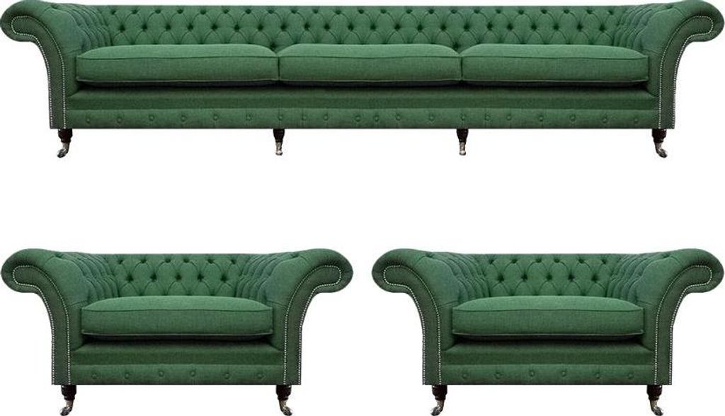 Wohnzimmer Chesterfield Garnitur Grüner 3-Sitzer 2x Sessel 3tlg Edel Set