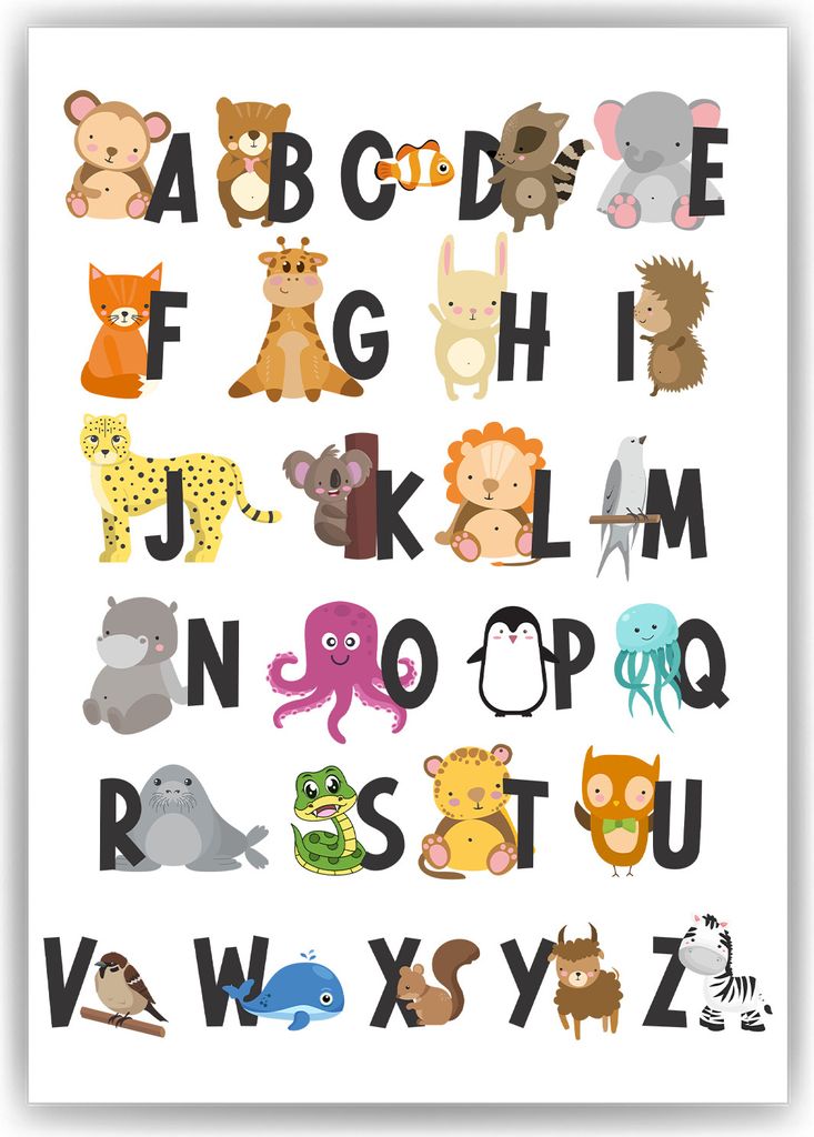 Kinderposter Alphabet Lernposter Kinderzimmer Wandbild Einschulung Kindergarten Grundschule Tiere ABC Lernhilfe für Kinder – DIN A3 (29.7x42cm)