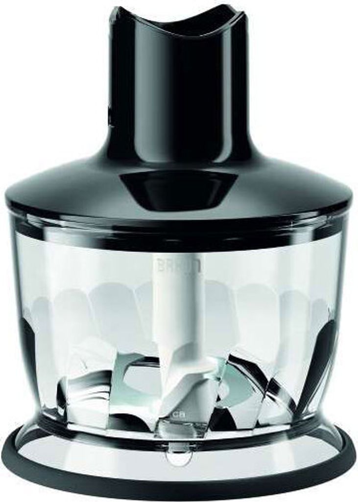 A close-up studio shot of a black and clear food chopper attachment for a hand blender.