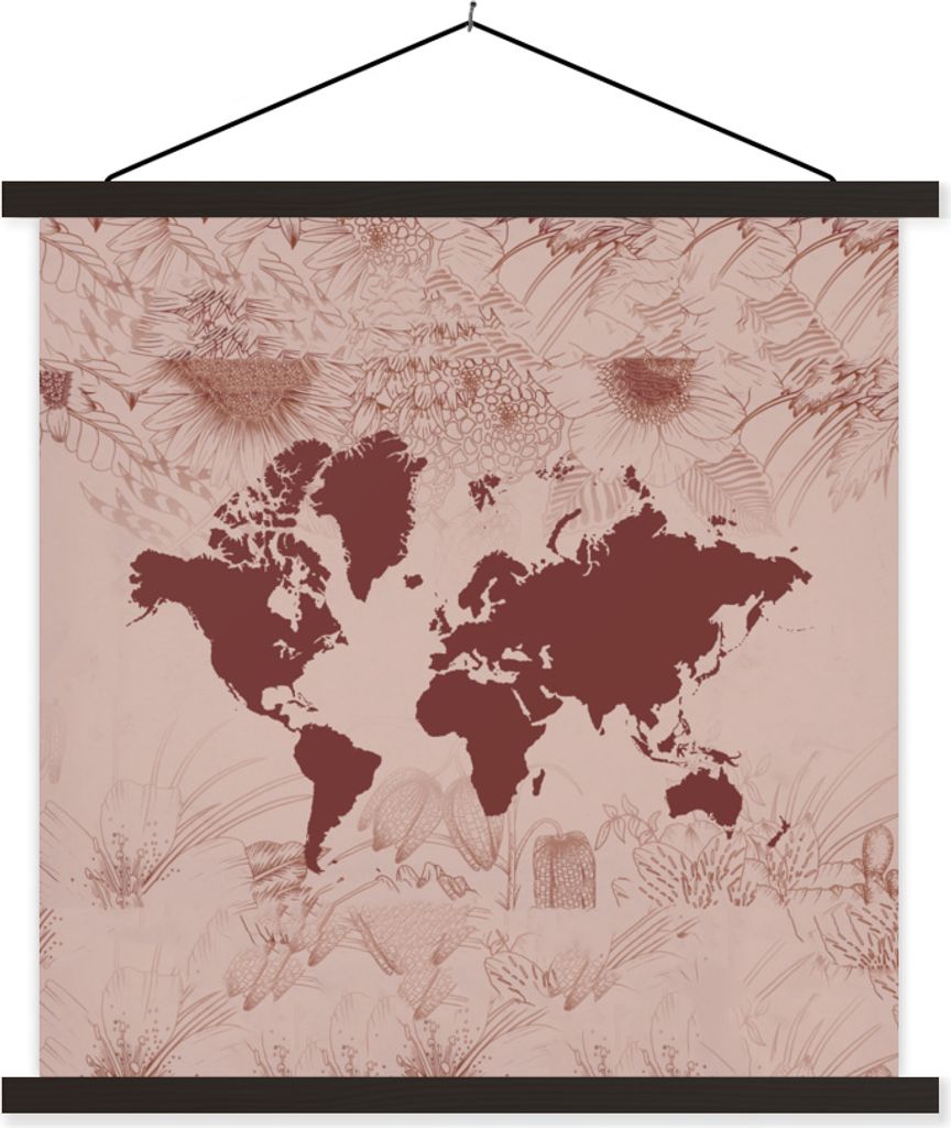 MuchoWow Textilposter Weltkarte - Rot - Pflanzen 90x90 cm mit schwarzem Rahmen - Magnetisches