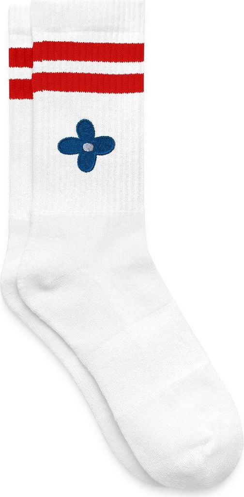 Spreadshirt Blaue Blume Bestickt | Frühlingsblühte Gestreifte Tennissocken, 37-41, Weiß/Rot
