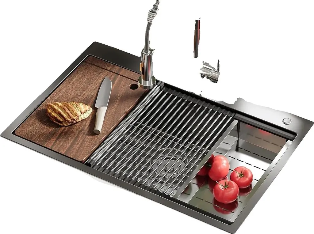 Grand évier de cuisine 84 cm pour famille avec bac profond inox à poser