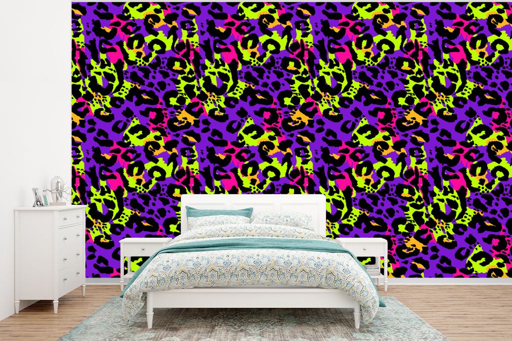 MuchoWow Fototapete für Wohnzimmer oder Schlafzimmer Wandtapete Vinyl Motivtapete Tiermuster - Panther - Neon - 320x240 cm - Tapeten