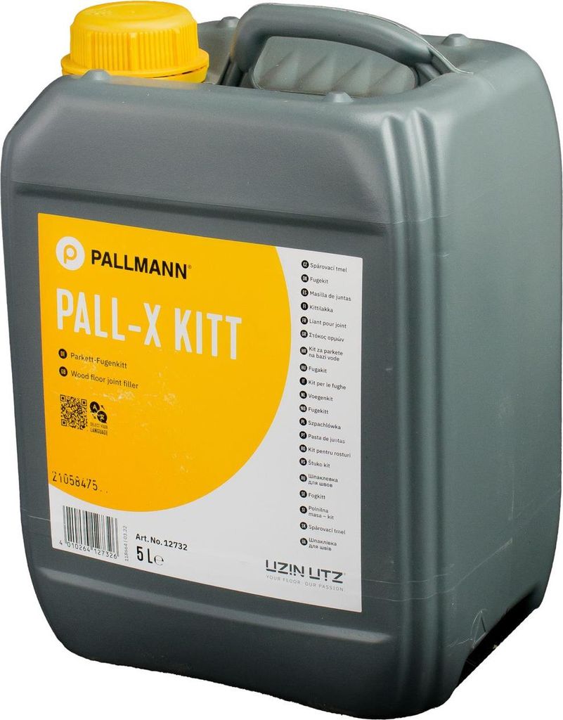 A gray plastic container of Pallmann Pall-X Kitt wood floor filler.
