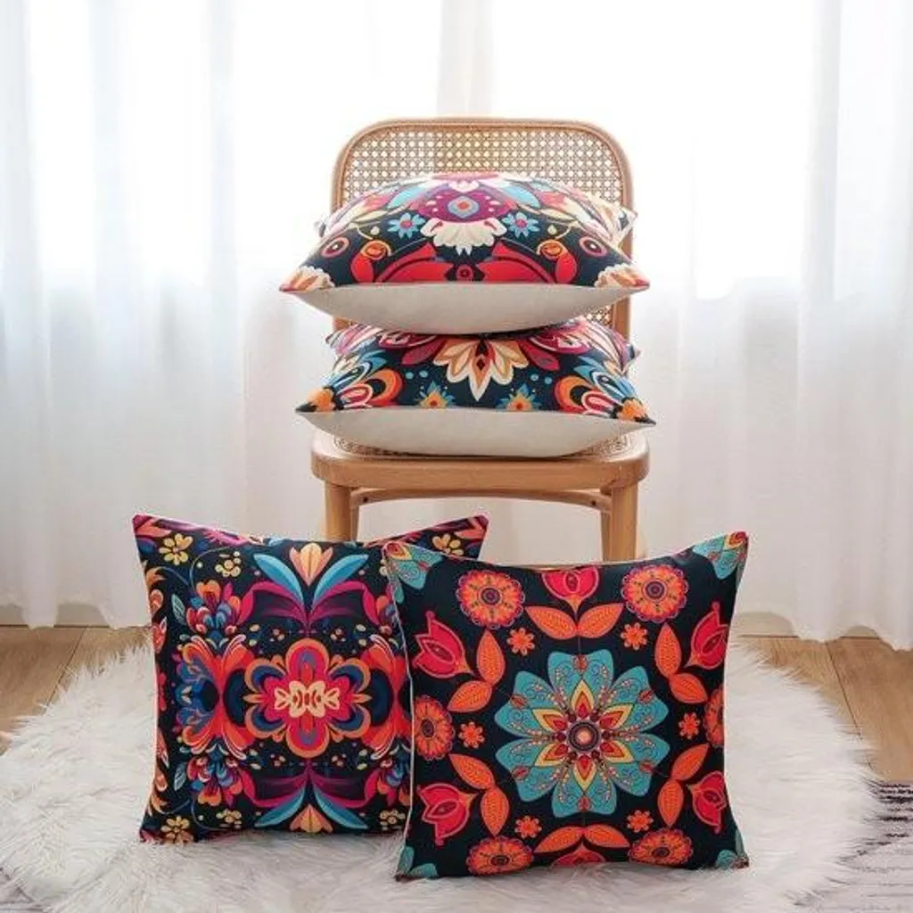 Taies d'oreiller Ethniques en Lin et Polyester - Lot de 4 Boho Chic 40x40