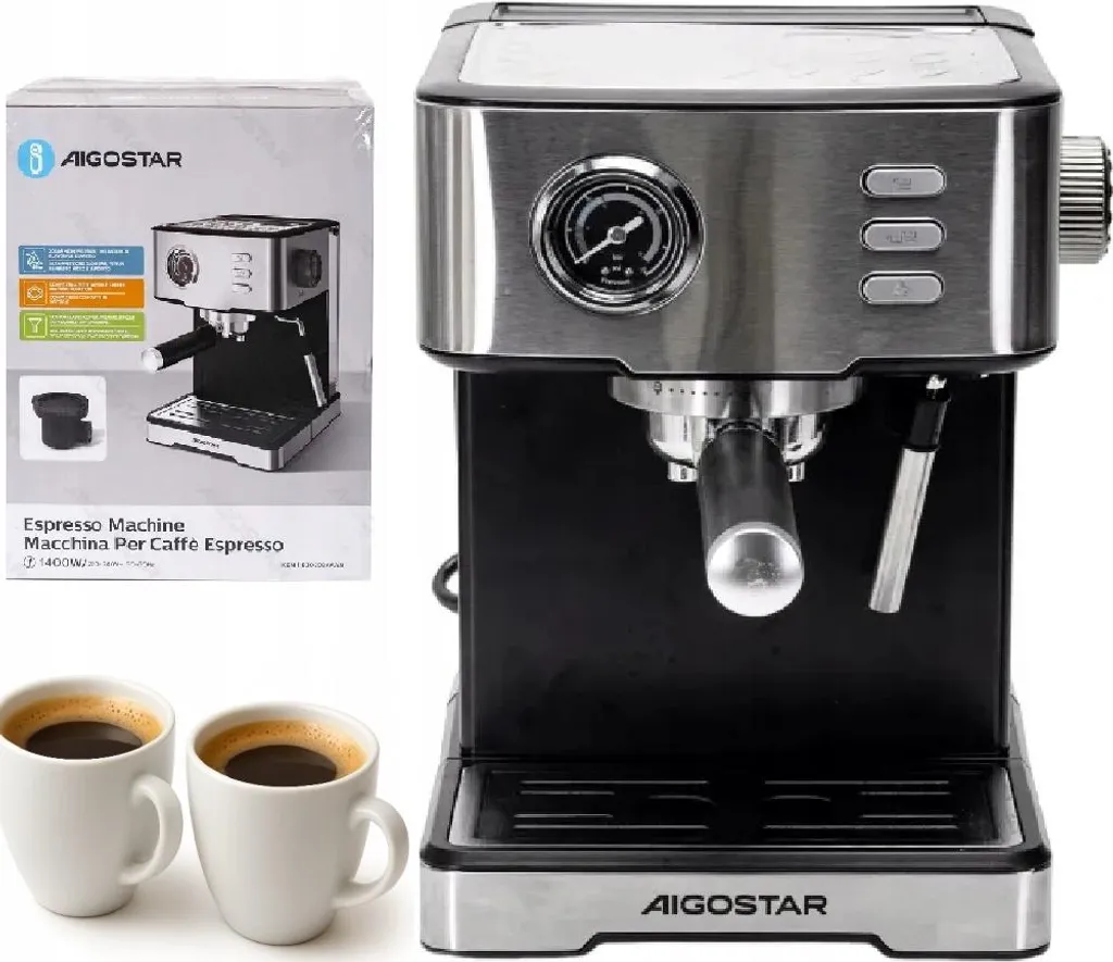 Pressostat-Kaffeemaschine 1400 W, Kolben, 20 Bar, 1,7 L, Stahl, Aigostar