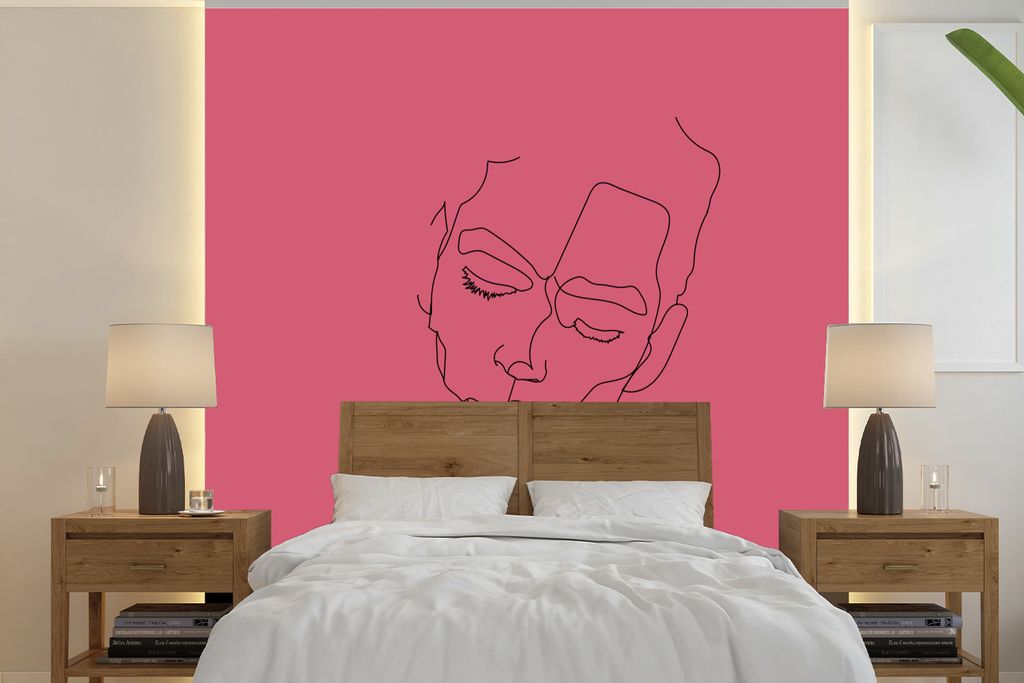 MuchoWow Fototapete für Wohnzimmer oder Schlafzimmer Wandtapete Vinyl Motivtapete Gesicht - Mann - Strichzeichnung - 350x350 cm - Schlafzimmerta...