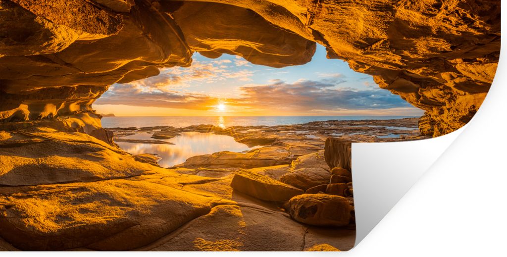 MuchoWow Wandtattoo Wandsticker Wandaufkleber Höhle - Meer - Horizont - Sonnenuntergang 40x20 cm Selbstklebend und Repositionierbar - Aufkleber
