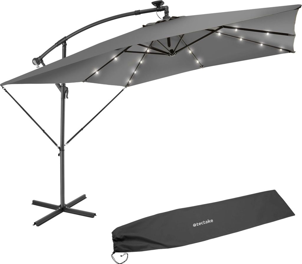 A gray cantilever umbrella with solar LED lights and a protective cover.