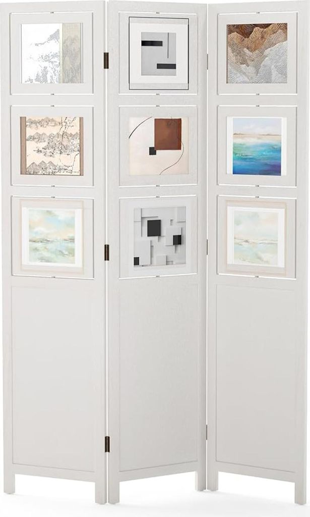 Raumteiler 121 x 170 cm, faltbarer Sichtschutz mit 3 Paneelen und 9 drehbaren Bilderrahmen aus Paulownia-Holz, freistehender Paravent, Weiß