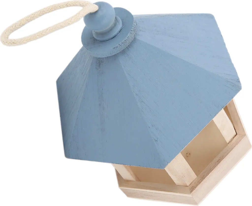 Mangiatoia Per Uccelli Esagonale In Legno Marrone/Blu Con Tetto Bituminoso - Glüh-World - 3