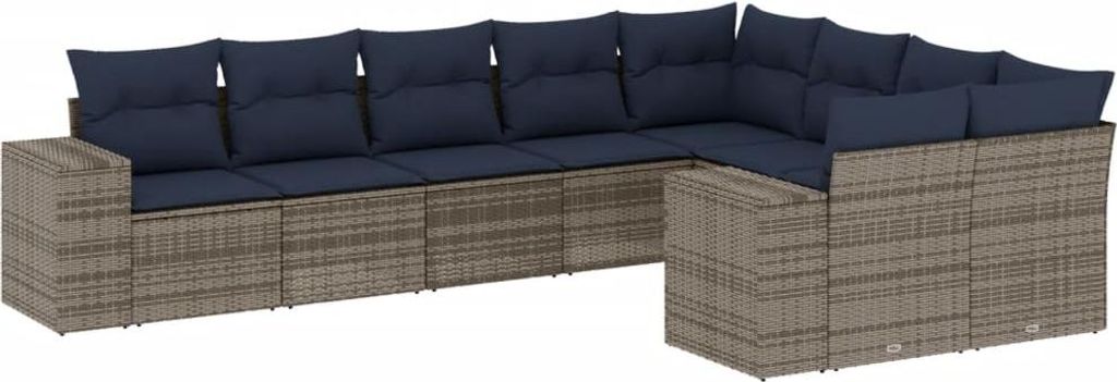 vidaXL 9-teiliges Gartensofa-Set mit Kissen, grau, Polyrattan