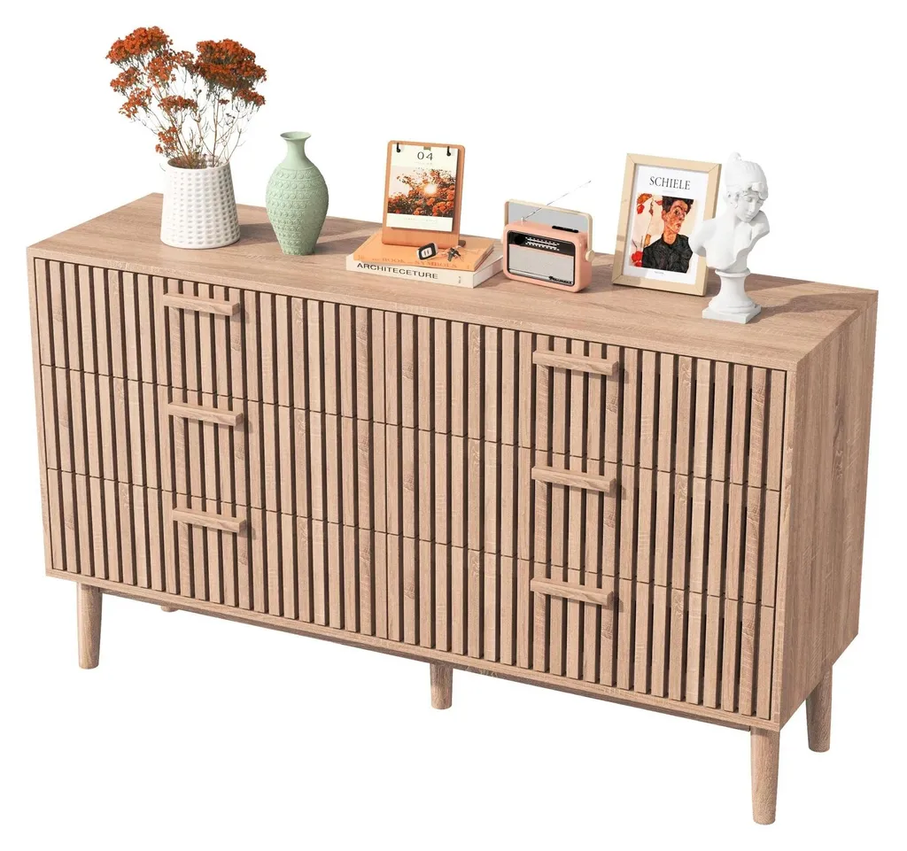 Commode 6 tiroirs bois beige rangement spacieux montage très facile