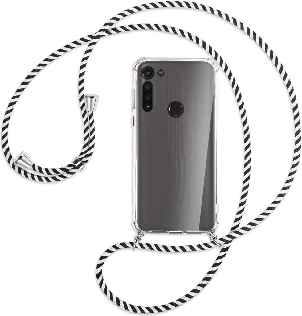 Handykette Backcover-Schutzhülle mit Band (Metall silberfarben) für Motorola Moto G8 Power - schwarz/weiß gestreift