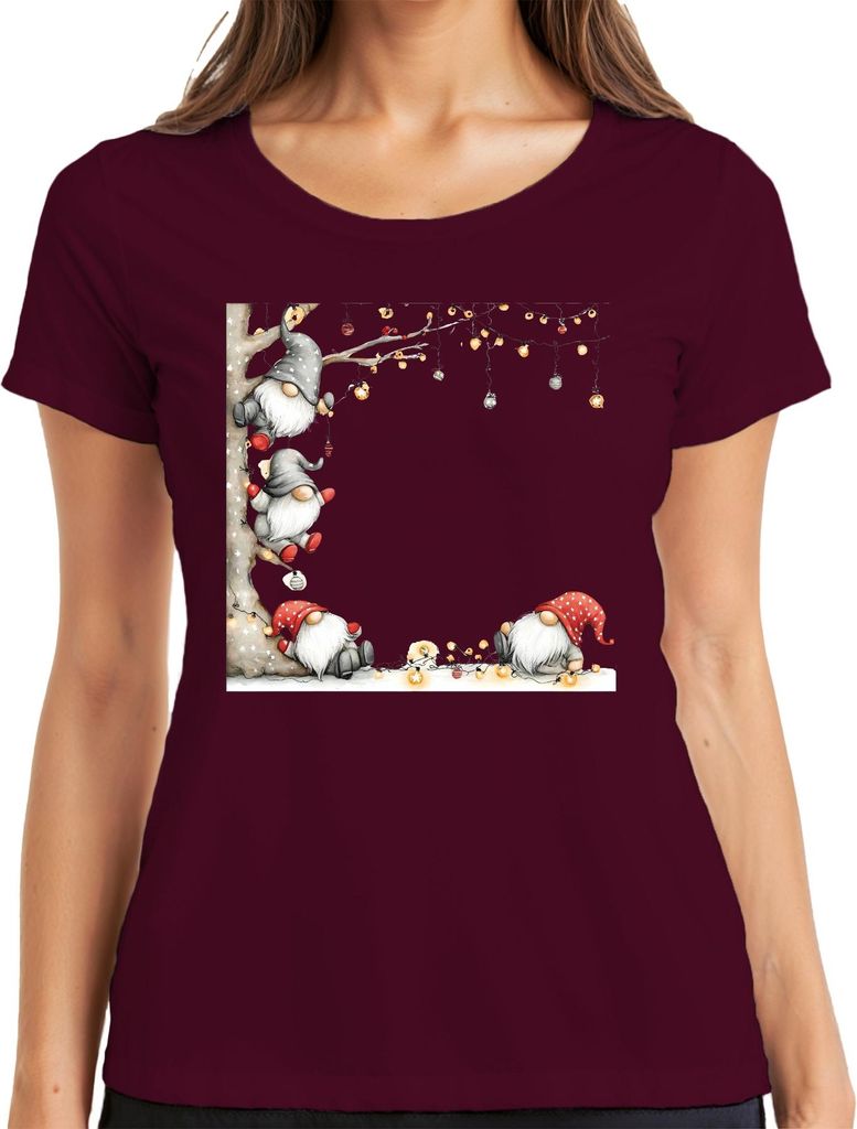 Weihnachtswichtel Lichterkette Kugeln rot Hut niedlich Geschenk Damen T-Shirt, Burgundy, XXL