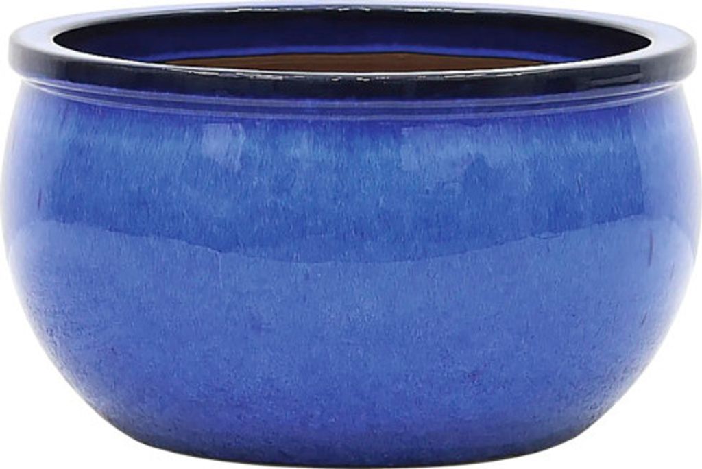 A blue ceramic planter pot with a black rim, shown against a white background.