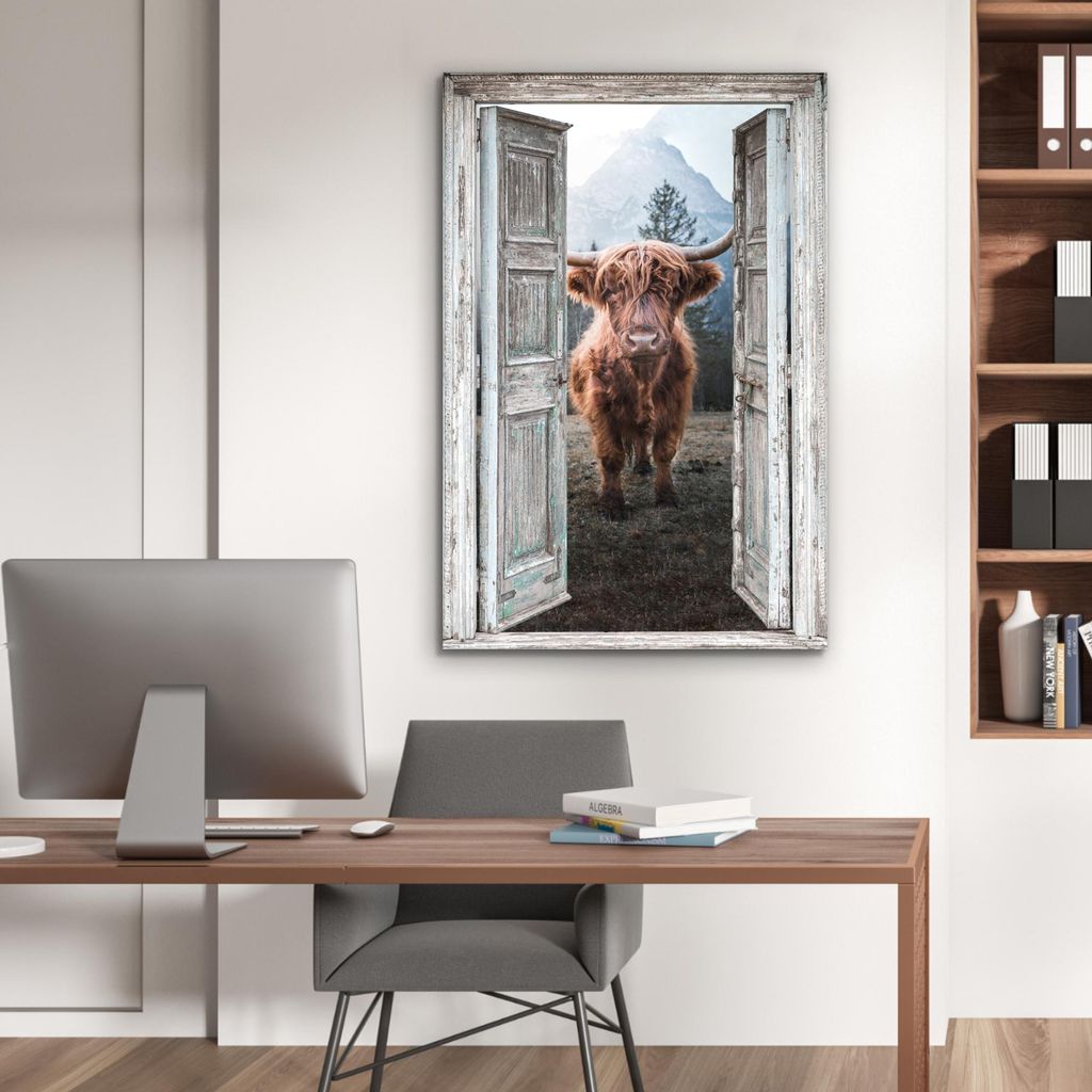 MuchoWow Wanddekoration Metall Metallbild Wandkunst 80x120 cm Schottisches Hochlandrind - Kuh - Ländlich - Ansicht MuchoWow Aluminium Gemälde - B...