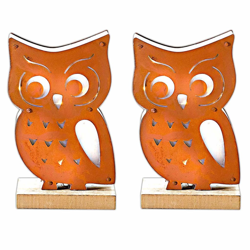 2er Set LED Eule 18 cm Motivleuchte Leuchte Holz Beleuchtung Dekoration Metall Dekoleuchte Holzdeko Batteriebetrieb
