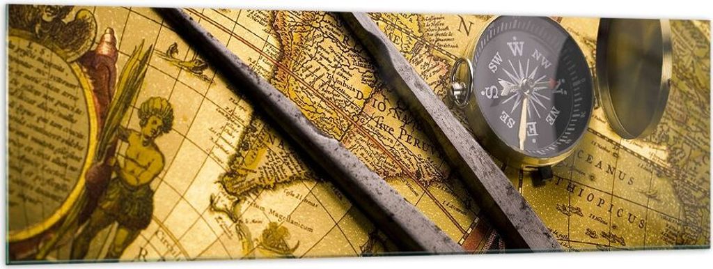 Bilder auf glas - Kompass Abenteuer Reisen - 160x50cm - Glasbilder - Wandbilder - Kunstdruck - zum Aufhängen bereit - Wanddekoration aus Glas - Gl...