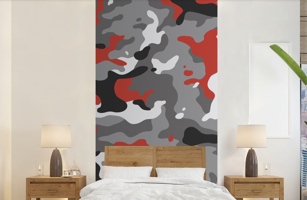 MuchoWow Fototapete für Wohnzimmer oder Schlafzimmer Wandtapete Vinyl Motivtapete Camouflage-Muster mit roten Akzenten - 120x240 cm - Hintergrun...
