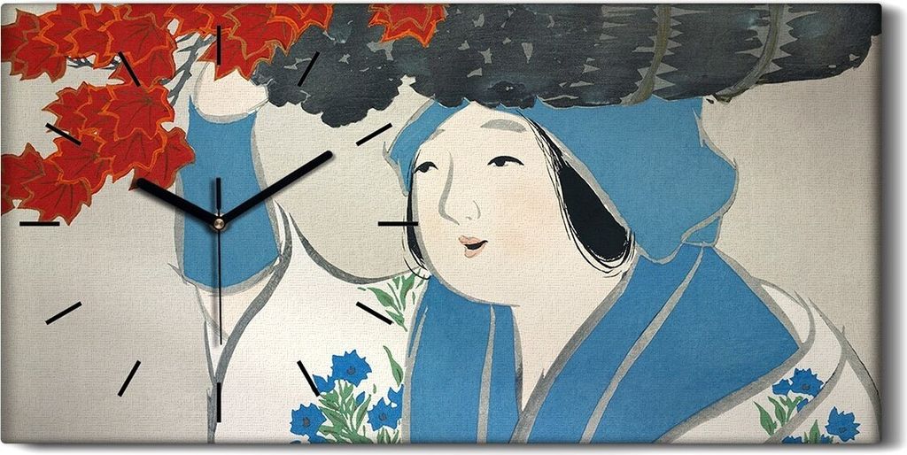 Leinwand Wanduhr Wandkunst Uhr 60x30 Malerei Asiatischer Frauen Kimono Blätter - schwarze Hände